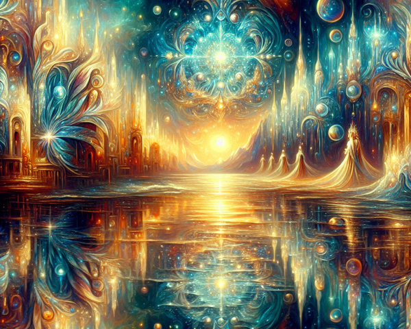Ethereal Landscape with Cosmic Elements and Colors