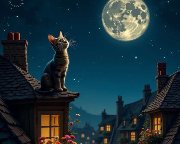 Cat on Rooftop Under Starry Night and Full Moon