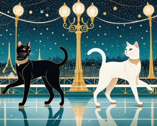 Black and white cats walking under the Eiffel Tower
