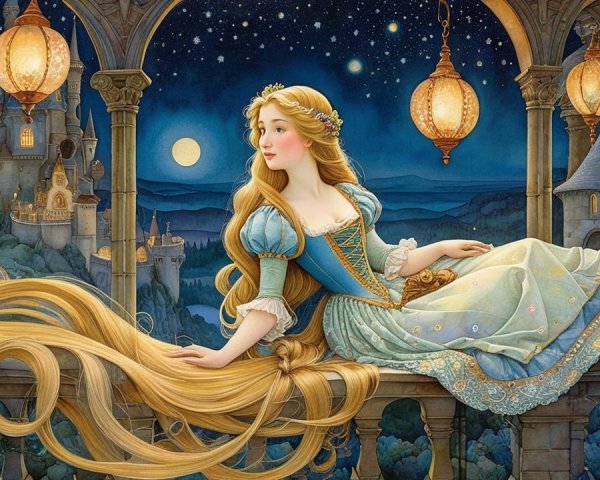Serene Woman in Blue Gown on Balcony with Castle View