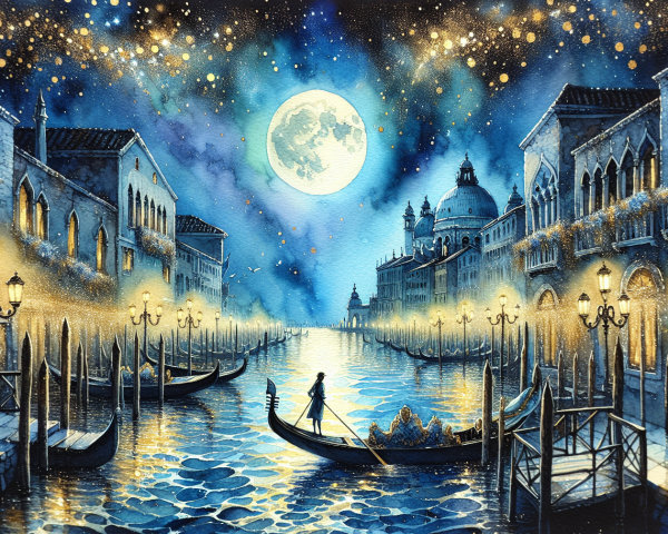 Venetian Canal at Night with Moon and Stars
