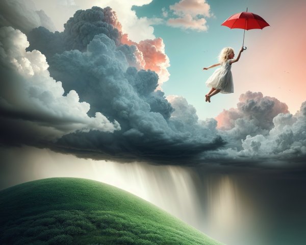 Child in White Dress with Red Umbrella in Dreamy Sky
