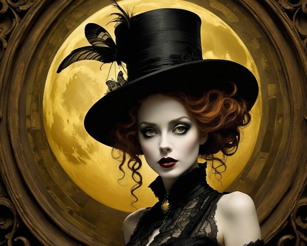 Vibrant Red Curls and Black Hat Against Golden Moon
