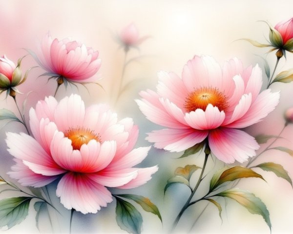 Dreamy Illustration of Blooming Peonies and Roses