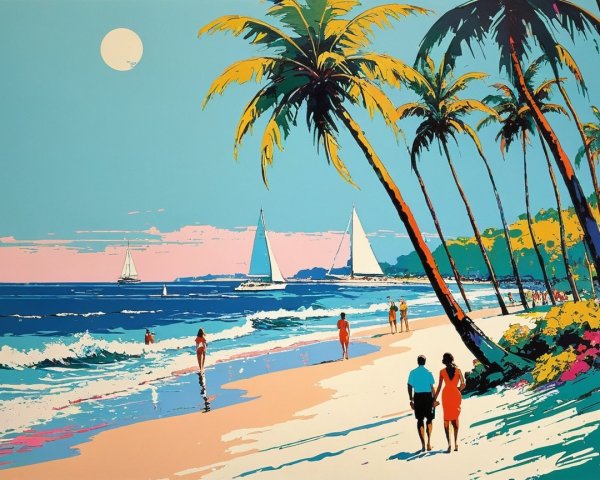 Vibrant Beach Scene with Moonlit Shoreline and Palm Trees