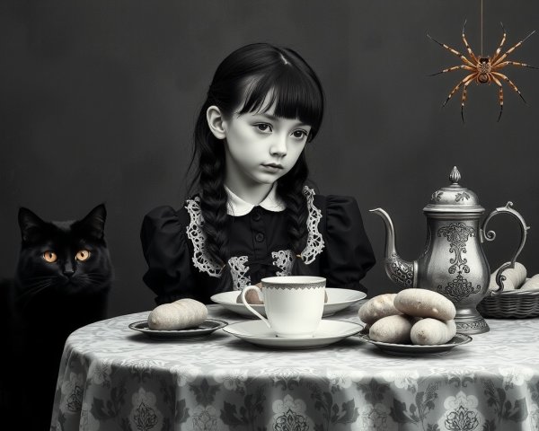 Young girl at a table with pastries and a cat
