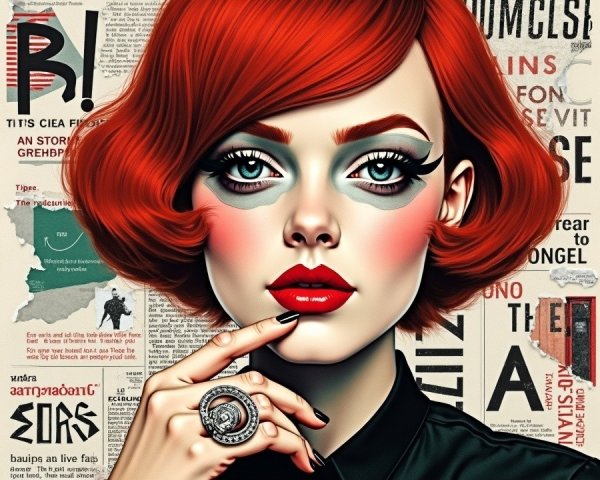 Chic Bob Hairstyle with Bold Makeup and Vintage Collage