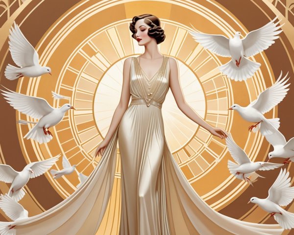 Elegant Woman in Vintage Art-Deco Setting with Doves
