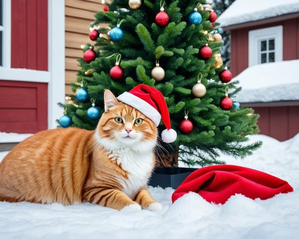 Fluffy Orange Cat in Santa Hat by Christmas Tree