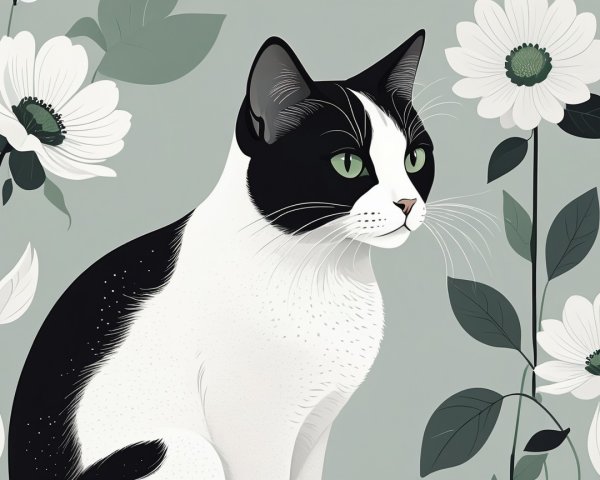 Black and White Cat Surrounded by White Flowers