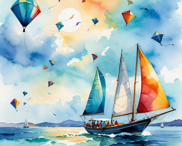 Vibrant Watercolor of Sailboat on Blue Waters