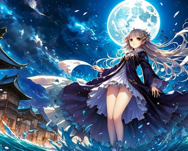 Young girl in a watery landscape under a full moon