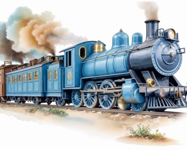 Vintage Steam Locomotive with Blue Engine and Passenger Car