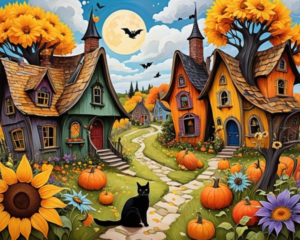 Whimsical Landscape with Colorful Houses and Autumn Trees
