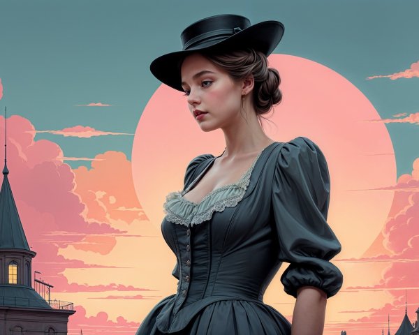 Young Woman in Dark Dress at Sunset with Hat