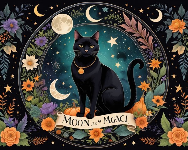 Mystical Black Cat with Flowers and Cosmic Background