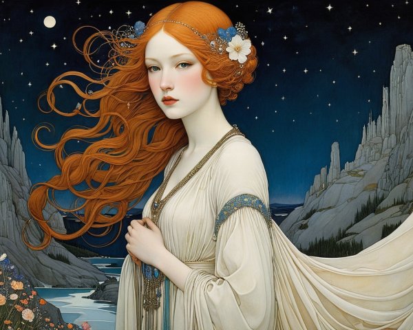 Serene Woman in White Gown Against Starry Night
