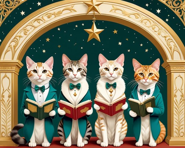 Elegant Cats in Tuxedos Under Starry Archway