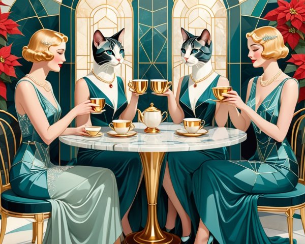 Elegant Women and Cats in Art Deco Tea Setting