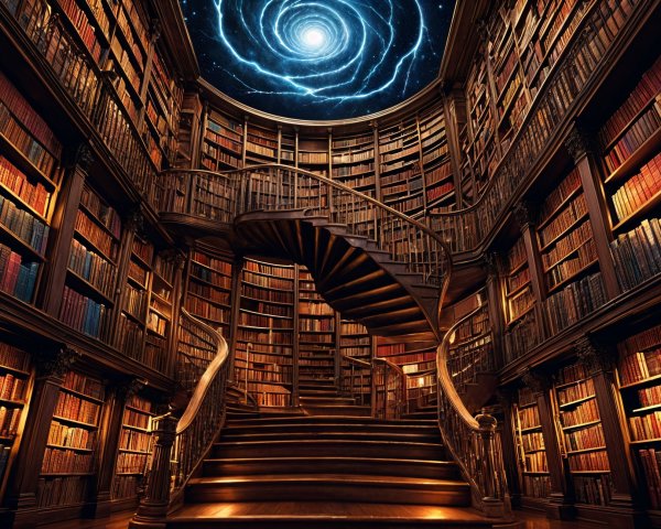 Ornate library with ancient books and cosmic lighting