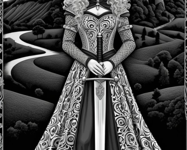 Regal Woman with Sword and Majestic Castle Illustration