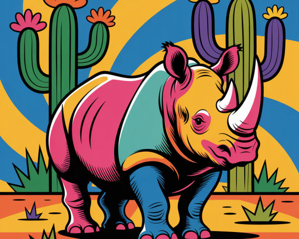 Vibrant Illustration of Rhinoceros in Colorful Desert