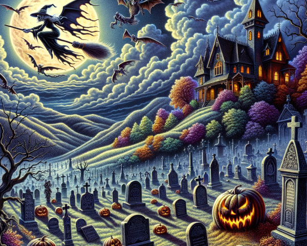 Spooky Moonlit Graveyard with Witch and Pumpkins
