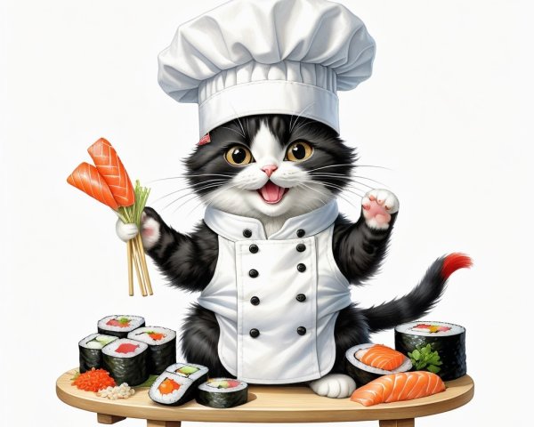 Playful cat chef with sushi on wooden platter
