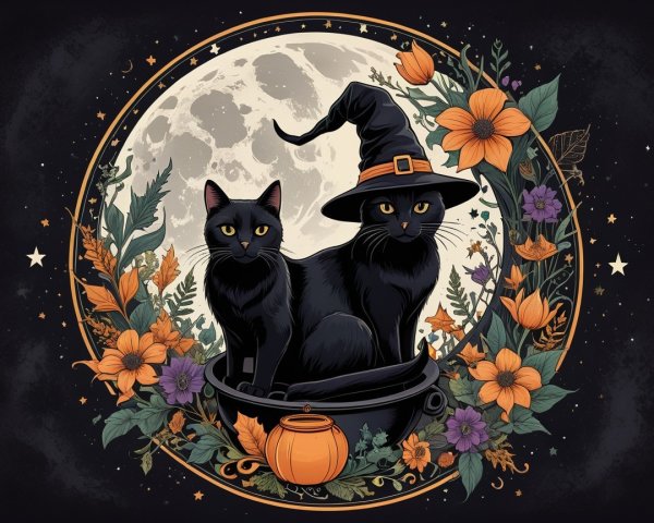 Black Cats in Witch Hats Inside a Cauldron Scene