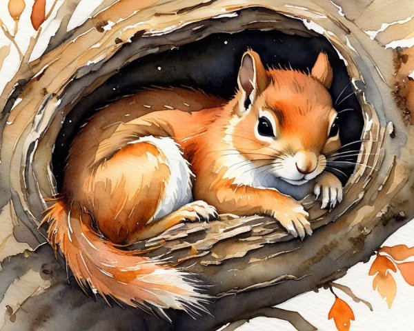Watercolor Illustration of a Squirrel in a Tree Trunk