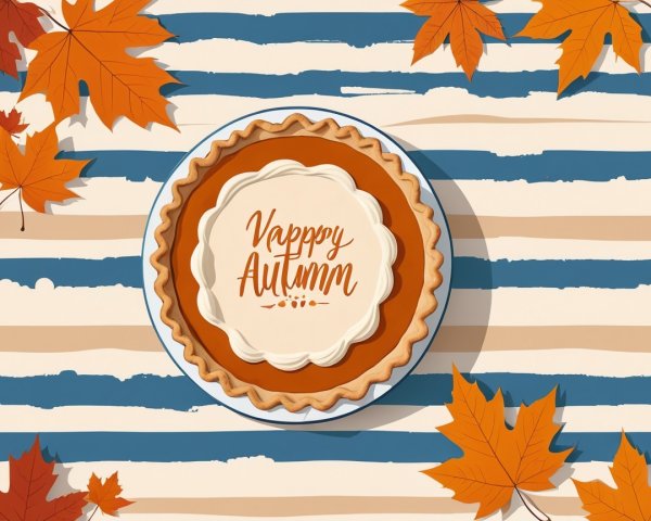 Autumn Pumpkin Pie on Striped Tablecloth with Leaves