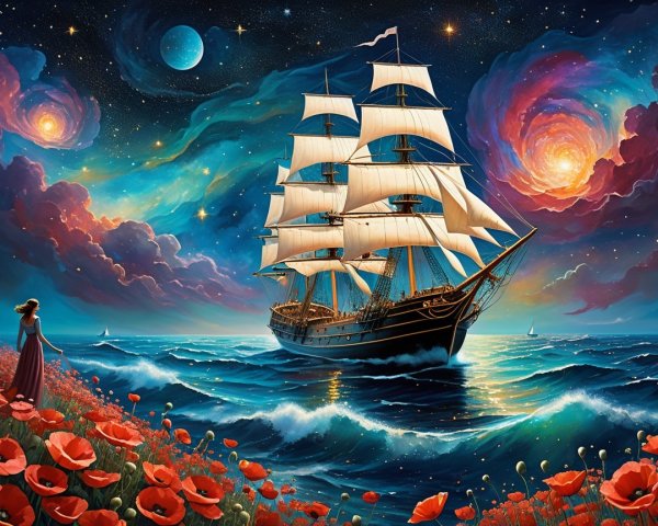 Majestic Ship in Cosmic Waters with Blooming Poppies