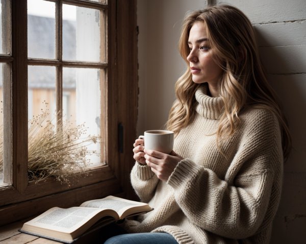 Young Woman by Window with Coffee and Book
