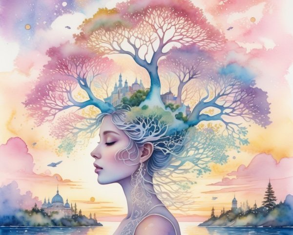 Ethereal Woman with Tree in Dreamy Landscape Scene