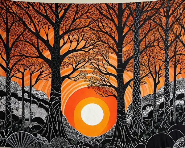 Vibrant Tapestry of Sunset with Silhouetted Trees