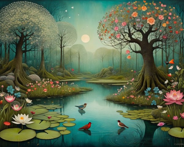 Serene River Landscape with Lush Forest and Blossoms