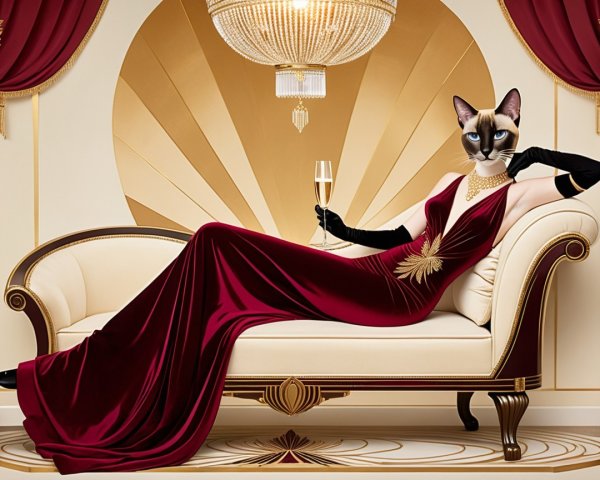 Siamese Cat in Elegant Gown on Plush Chaise Longue