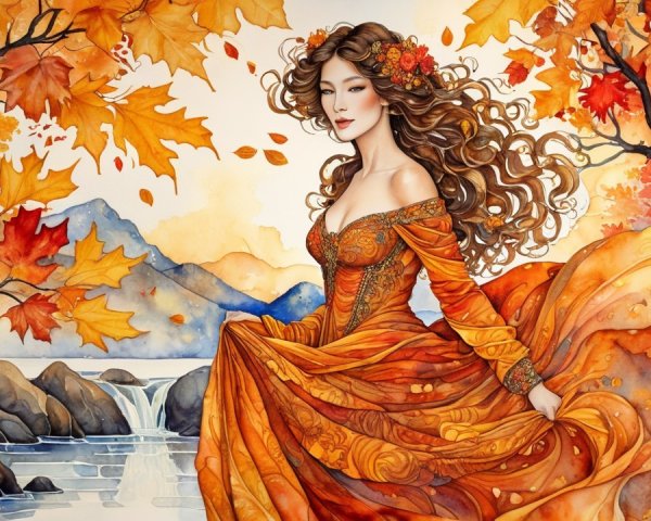 Woman in Orange Gown Surrounded by Autumn Landscape