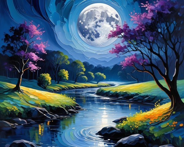Serene Night Landscape with Full Moon and River