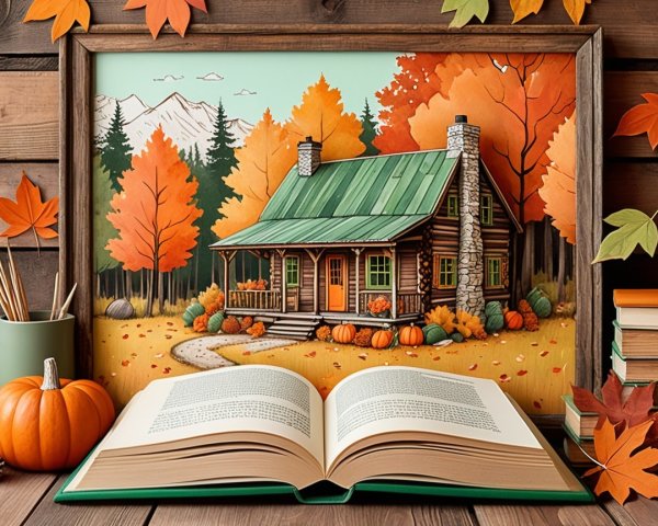Cozy log cabin surrounded by autumn foliage and books