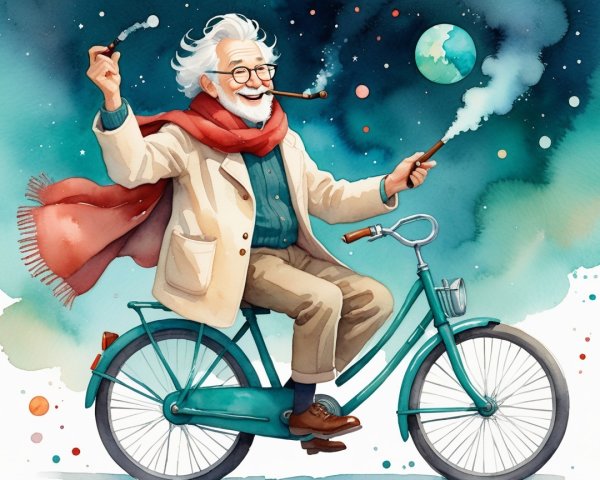 Elderly man on teal bicycle in starry night scene