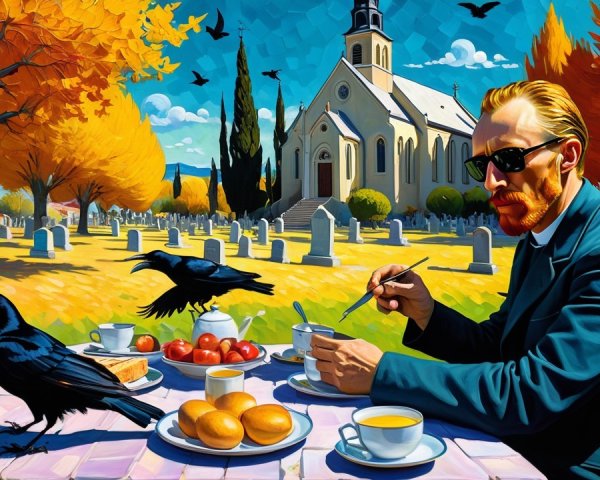 Autumn Cemetery Scene with Breakfast and Crows