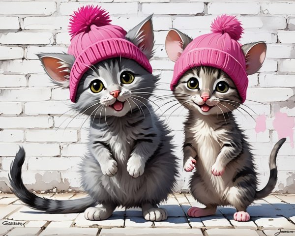Kittens in Pink Hats Playfully Posing by Brick Wall