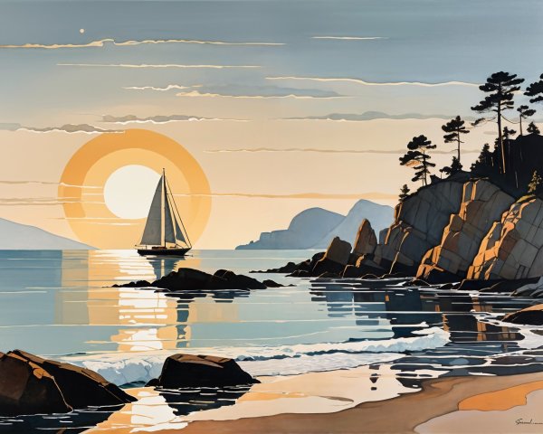 Serene Seascape with Sailboat and Sunset Colors