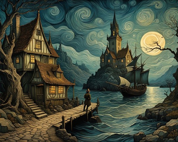 Moonlit Village Scene with Castle and Sailing Ship
