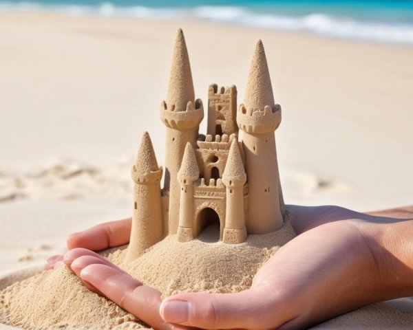 Detailed Sandcastle Held by a Person at the Beach