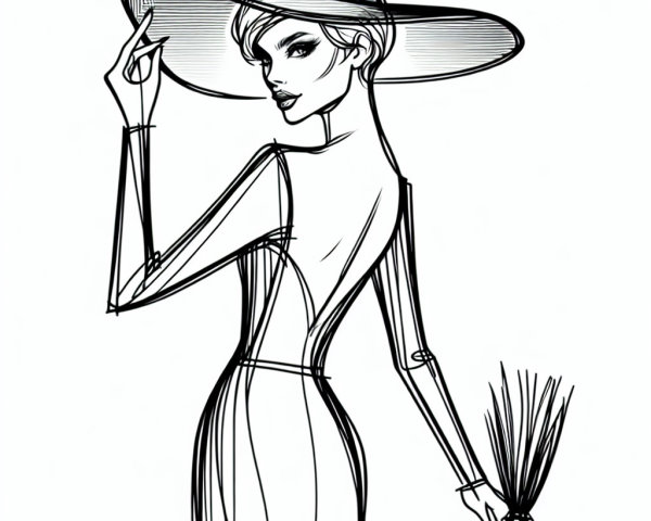 Elegant Figure in Wide-Brimmed Hat and Fitted Gown