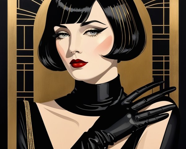 Glamorous Woman in Black Outfit with Art Deco Background