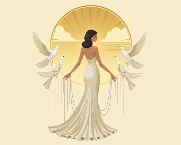 Elegant figure in flowing dress with doves and sunrise