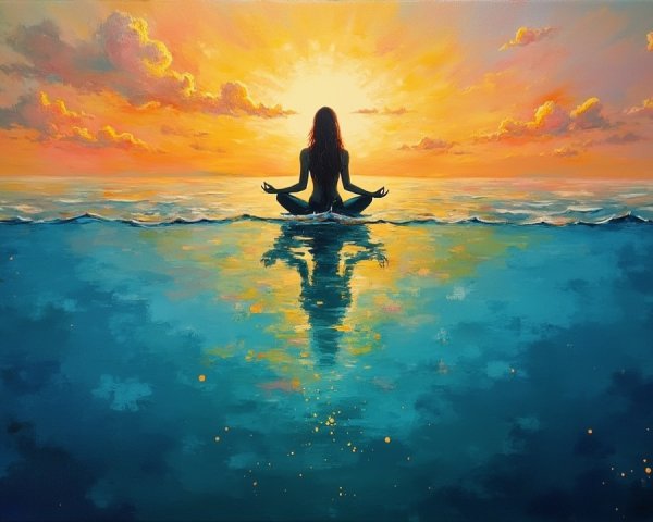 Serene Figure Meditating at Vibrant Ocean Sunset